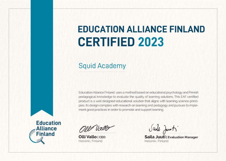 Education Alliance Finland certificate awarded to Squid Academy